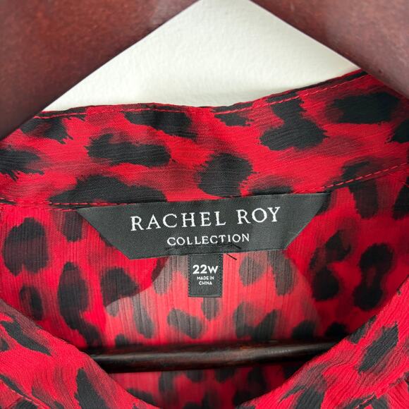 Rachel Roy Plus Sz 22W Sheer Red Black Leopard Ruffle Blouse Holiday Party Top - Picture 4 of 6